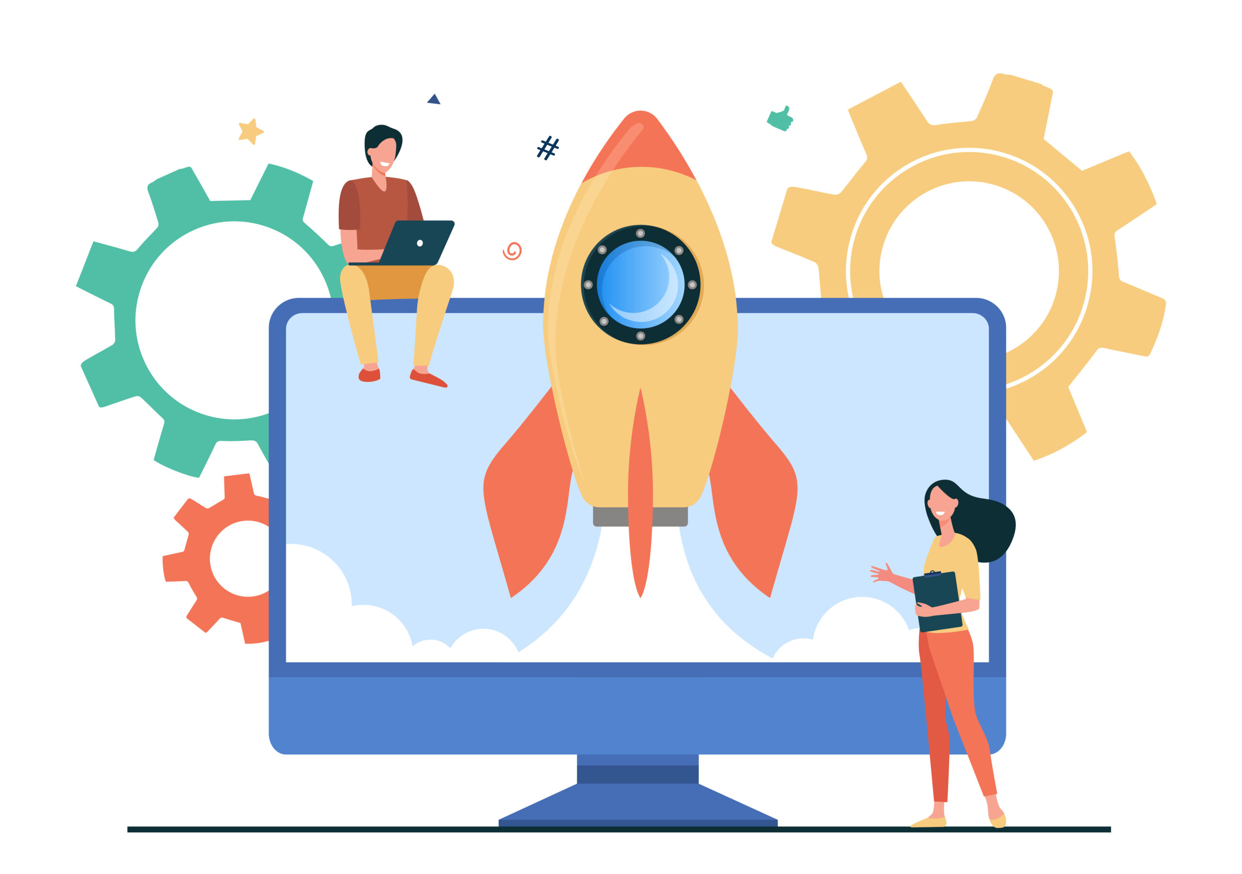 tiny character launching startup rocket